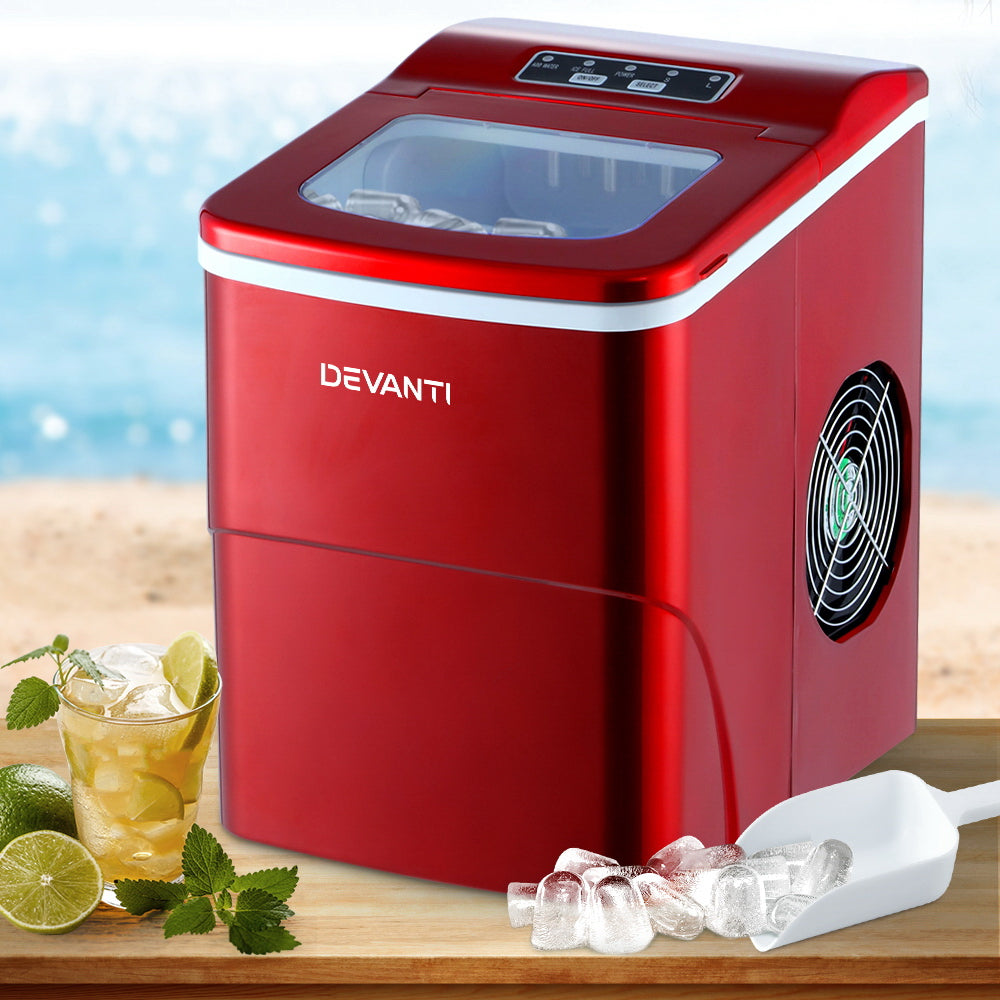 DEVANTi Portable Ice Cube Maker Machine 2L Home Bar Benchtop Easy Quick Red