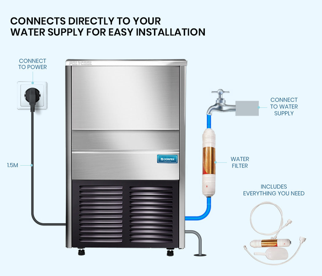 POLYCOOL Commercial Ice Maker Machine, up to 45kg/24hr, Donper Compressor, Undercounter, Freestanding