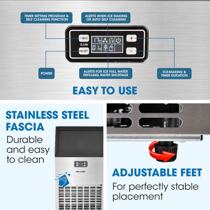 POLYCOOL Commercial Ice Maker Machine, up to 45kg/24hr, Stainless Steel, Undercounter, Freestanding