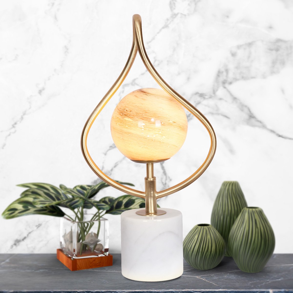 Sarantino Sculptural Orange Glass Table Lamp With White Marble Base