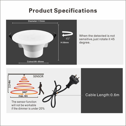 1 PCS NEW RADAR SENSOR LED DOWNLIGHT KIT 90MM 10W NON DIM 3 COLOR IN 1 WARM WHITE COOL WHITE DAY LIGHT TRI COLOR 3000/4000/6000