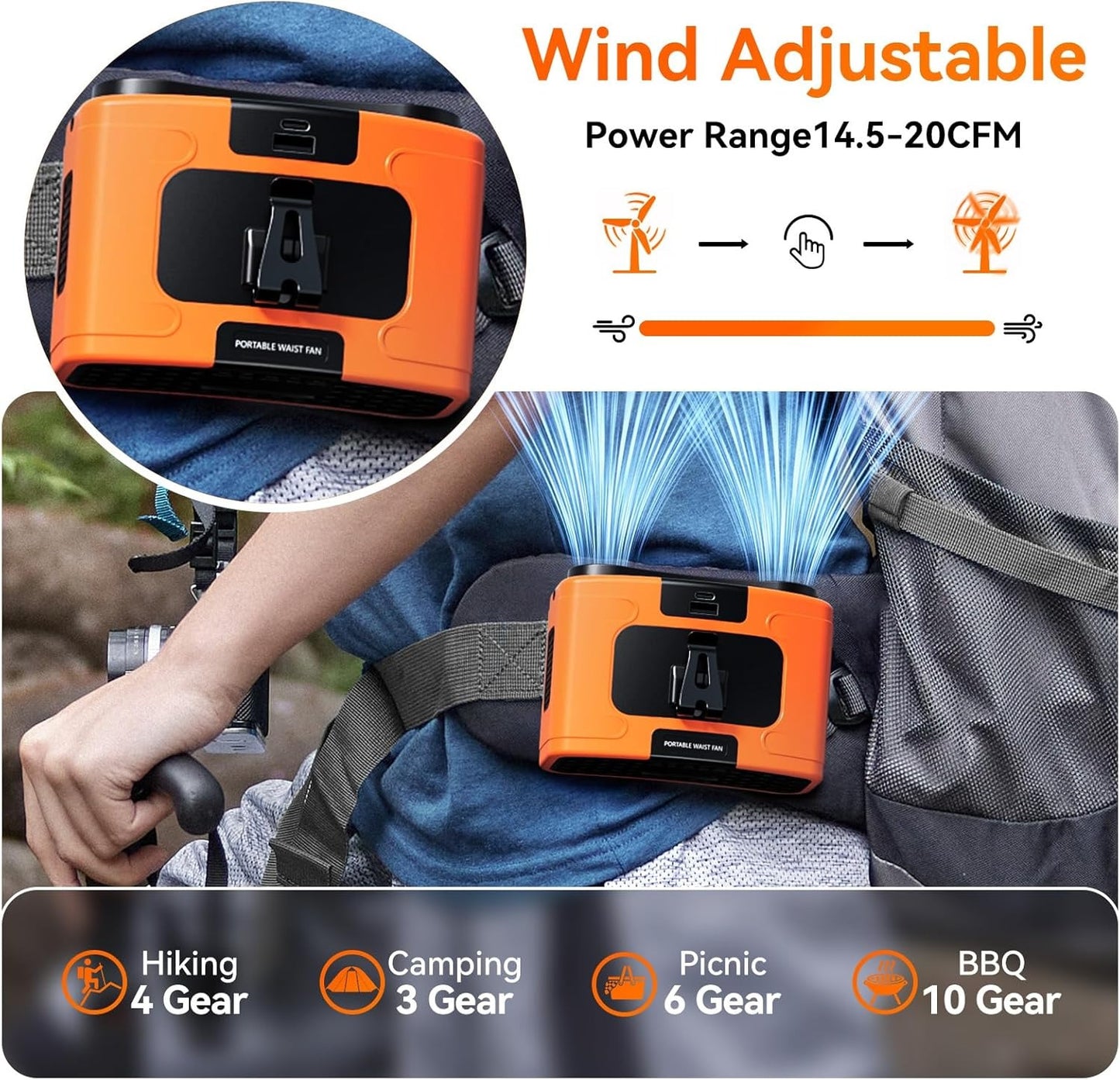 20000mAh Outdoor Portable Waist Fan Hanging Neck Fan Strong Wind with Power Bank LED Lighting for Sports Courier Outdoor Working (Orange)