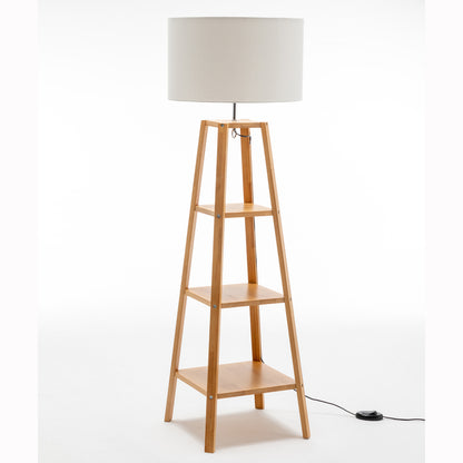 Eiffel 3 Tier Natural Wood Floor Lamp w/ Storage Shelves + Off White Linen Shade