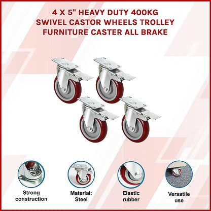 4 X 5" Heavy Duty 400kg Swivel Castor Wheels Trolley Furniture Caster All Brake