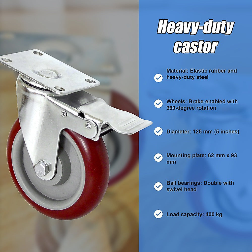 4 X 5" Heavy Duty 400kg Swivel Castor Wheels Trolley Furniture Caster All Brake