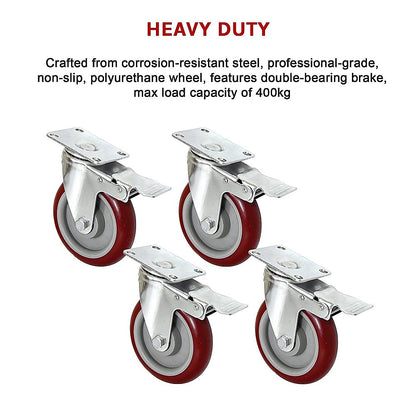 4 X 5" Heavy Duty 400kg Swivel Castor Wheels Trolley Furniture Caster All Brake