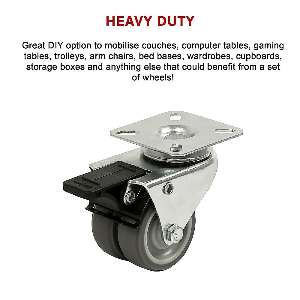 4 x 2" Heavy Duty Swivel Double Wide Castor Wheels Trolley 50mm Furniture Rubber With Brake