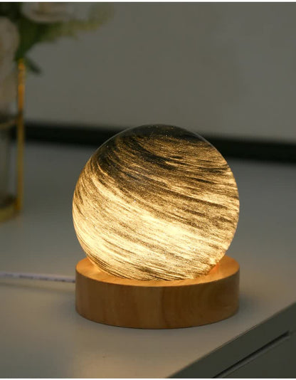 Starry Sky LED Planet Night Light with Wooden Base, USB Rechargeable