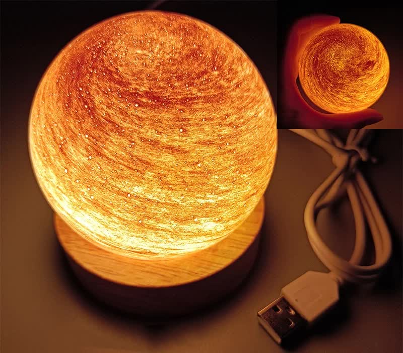 Morning Glow LED Planet Night Light with Wooden Base, USB Rechargeable