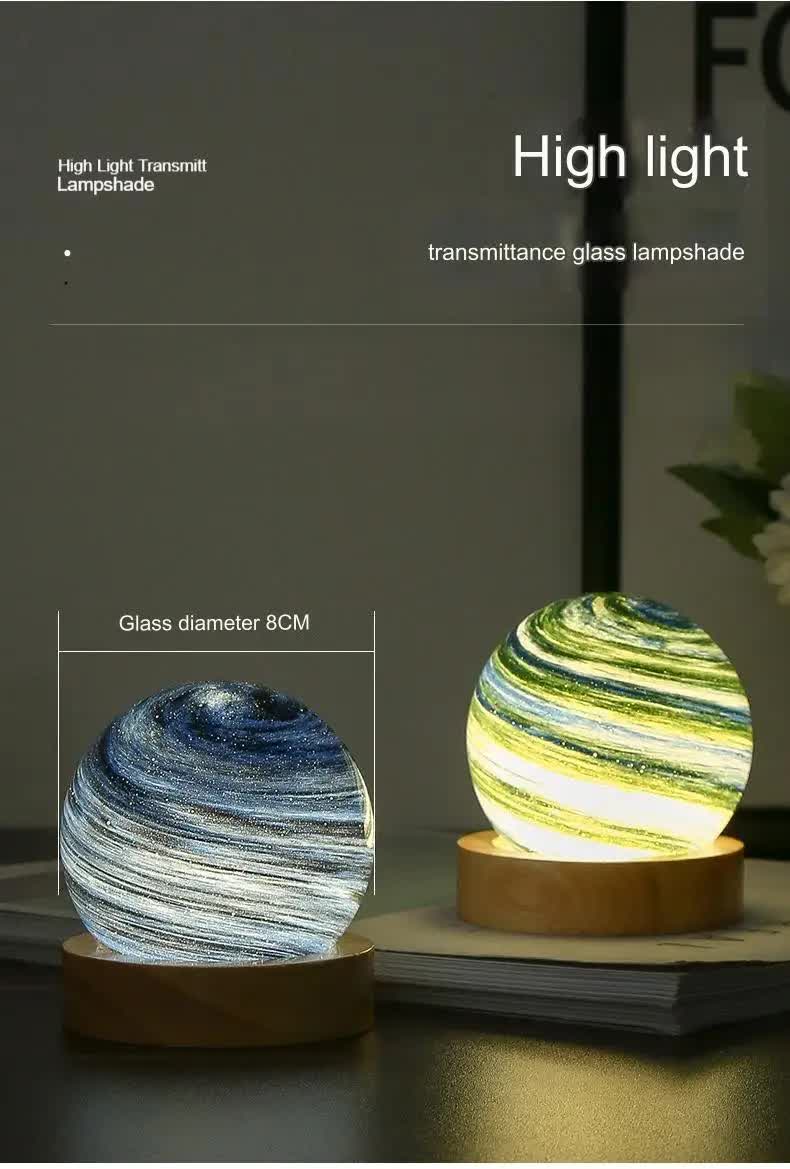 Morning Glow LED Planet Night Light with Wooden Base, USB Rechargeable