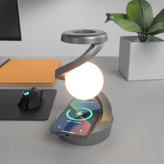 Black 360° Rotating Floating Night Light – Wireless Charging Table Lamp | 7-Color RGB Atmosphere Light | USB Rechargeable for Bedroom, Bedside, Desk, Camping, and Party Décor