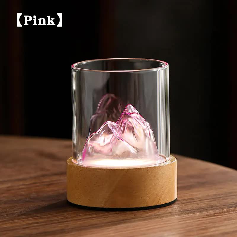 Pink Glass Mountain Ambient Night Light - USB Rechargeable Touch Control Bedside Lamp - Adjustable 3-Color Light